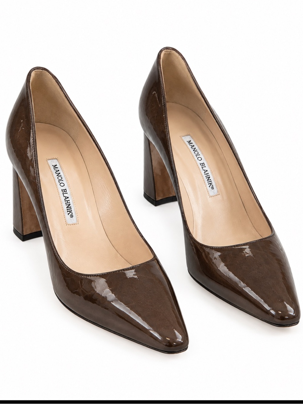 Manolo blahnik VTG brown patent leather pointed toe block heeled pumps sz 39